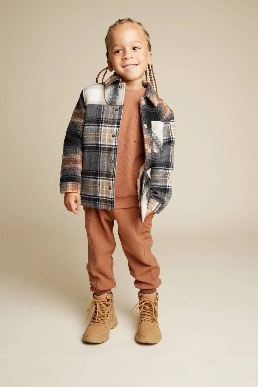 NEW MILES THE LABEL copper plaid shacket in black multi